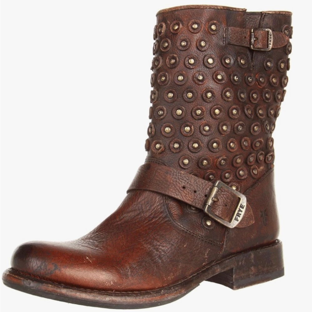 Frye Jenna Disc/Stud Short Moto Boot, Cognac, Size 6